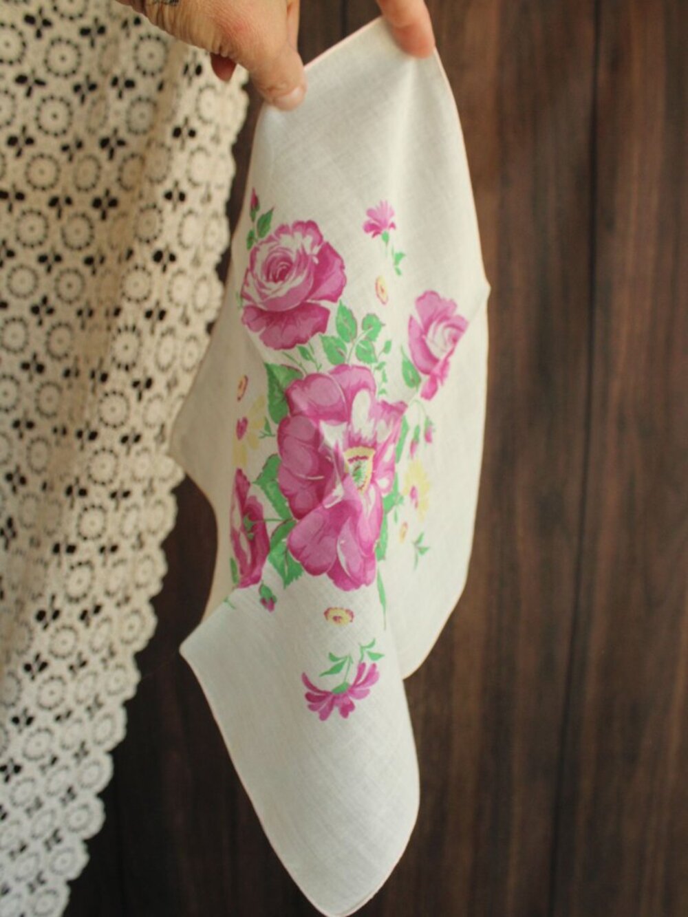 Vintage 1950s Cotton Handkerchief Floral Print, Pink Purple Roses Hankie - Picture 9 of 10